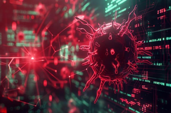 A virus with code and computer screens around it 